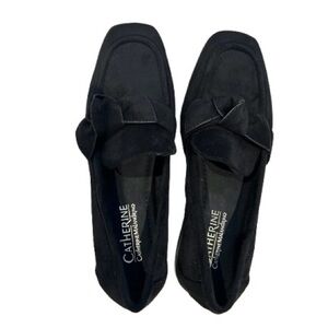 NWT CATHERINE MALANDRINO Women Leather Suede Bow Black Shoes Loafers, Size 8